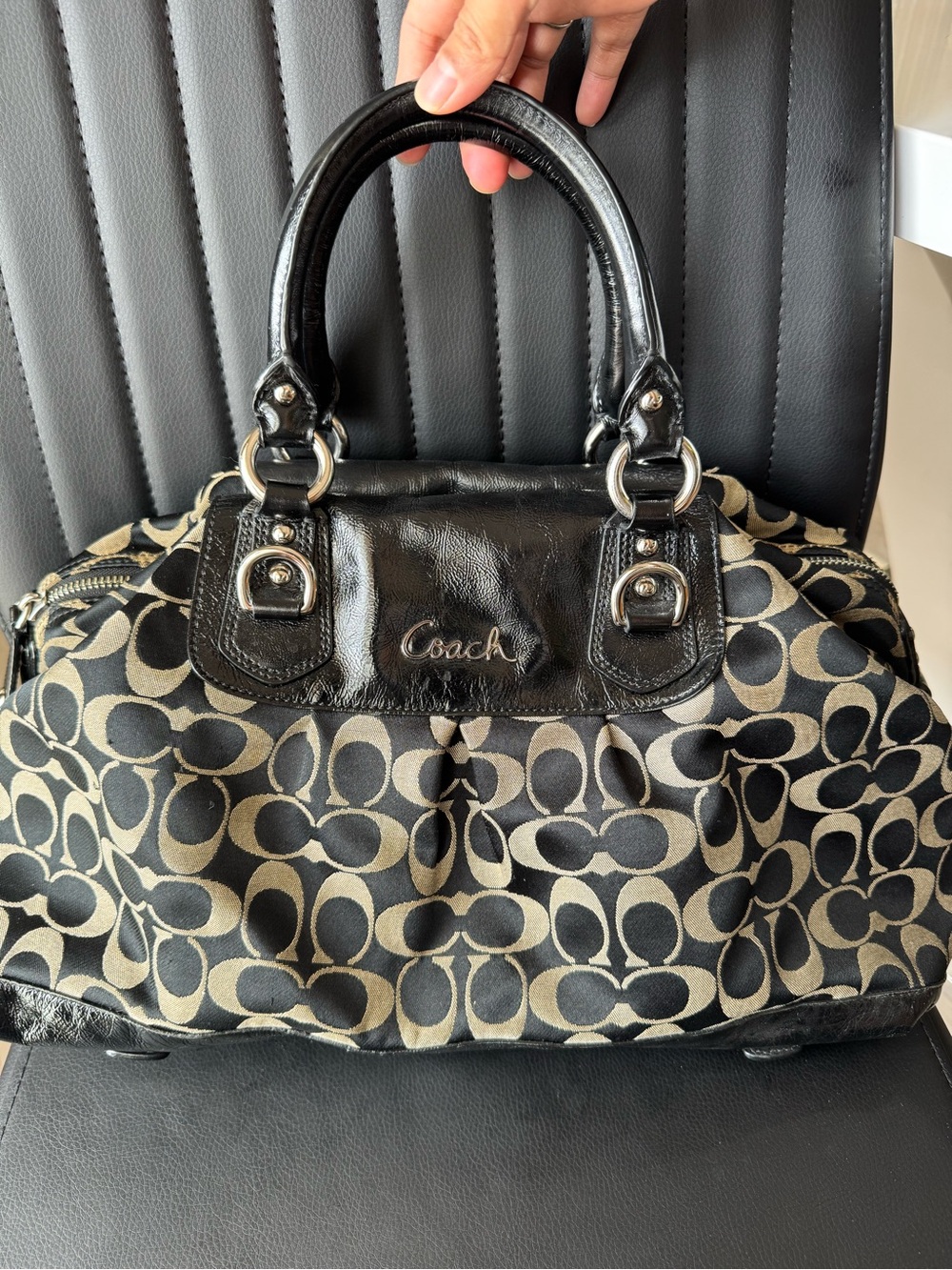 Coach Ashley Signature Sateen Large Satchel with Black Leather Trim - Picture 2 of 11